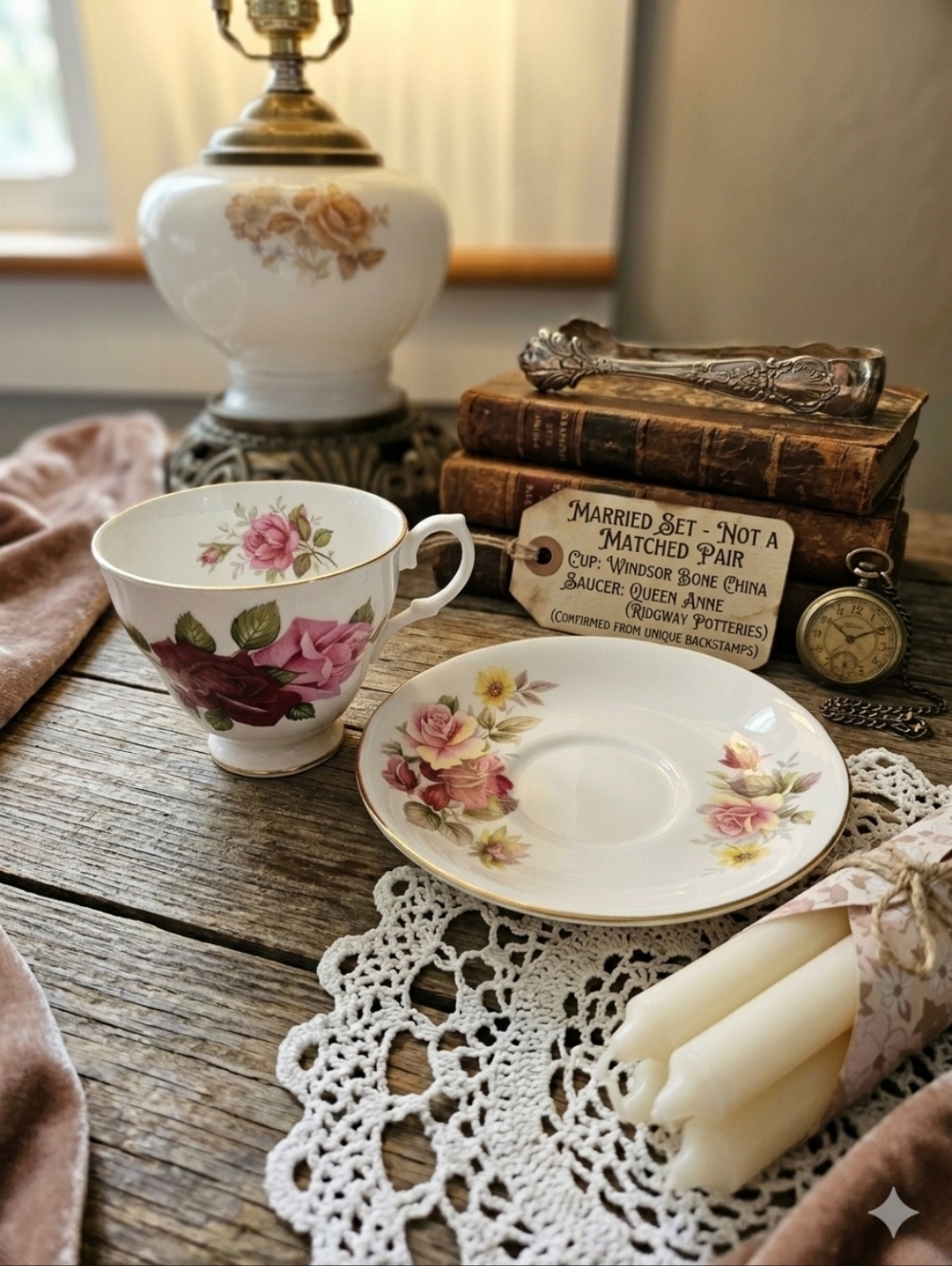 Vintage English Bone China Tea Set - "Married" Pair - Windsor & Queen Anne Roses